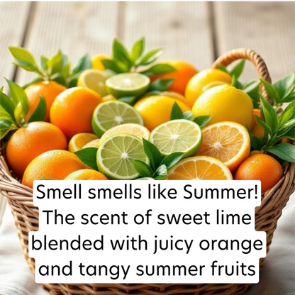 Basket of oranges, lemons, and limes with text overlay on a wooden surface