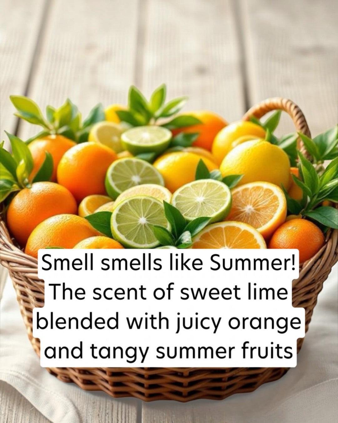 Basket of oranges, lemons, and limes with text overlay on a wooden surface