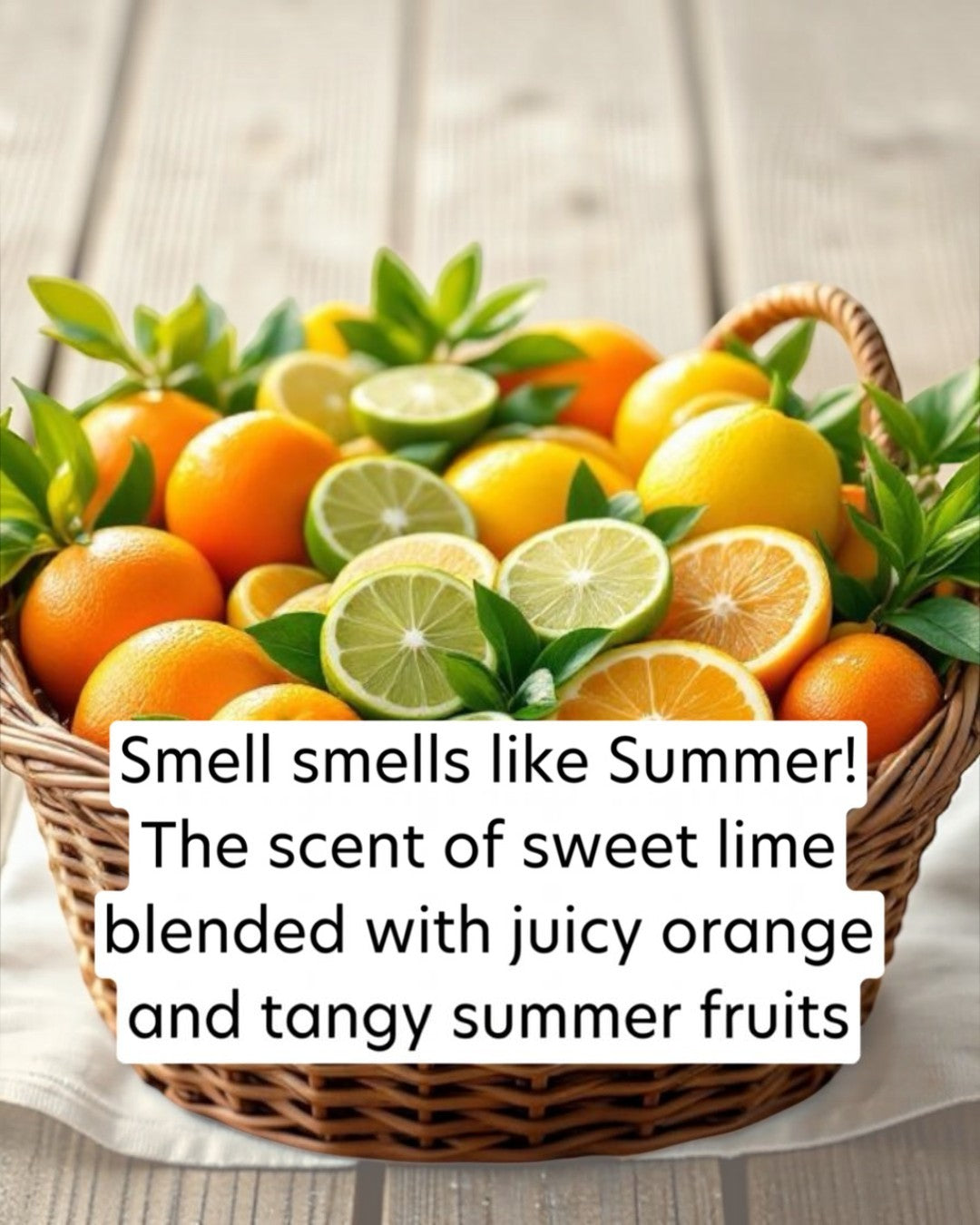 Basket of oranges, lemons, and limes with text overlay on a wooden surface