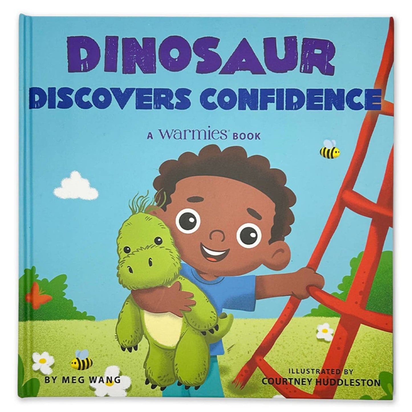 Book cover of 'Dinosaur Discovers Confidence' with a child and dinosaur illustration on a blue background.