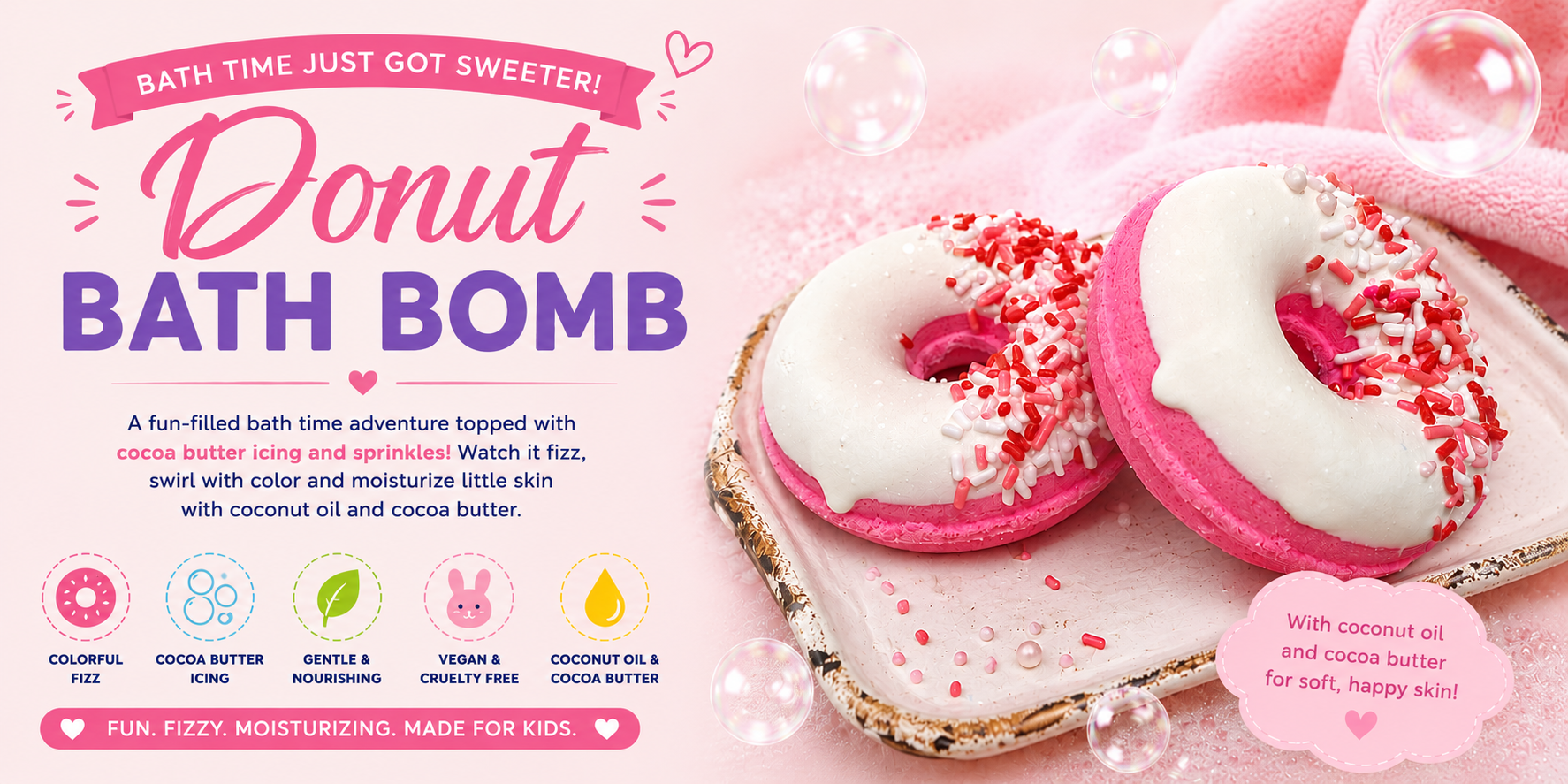 Donut bath bomb with pink and white frosting on a pink background