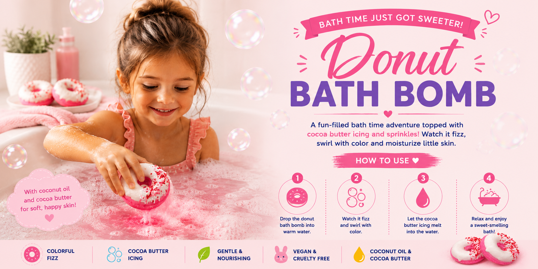 Donut bath bomb packaging with a child playing in a bathtub, featuring text and graphics about the product.