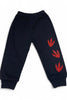 Black sweatpants with red bird footprints on a white background