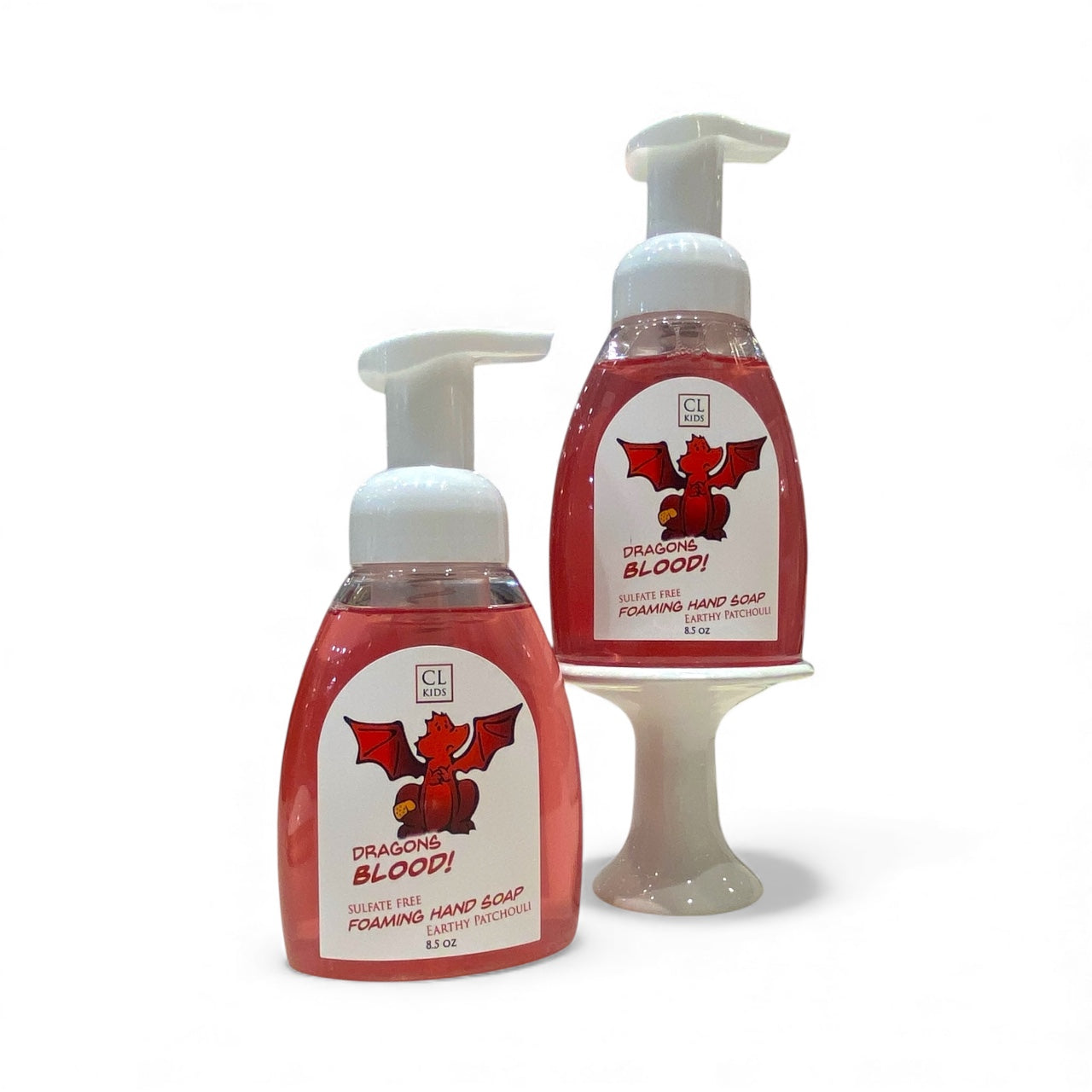 Two bottles of 'Dragon's Blood' foaming hand soap on a white background