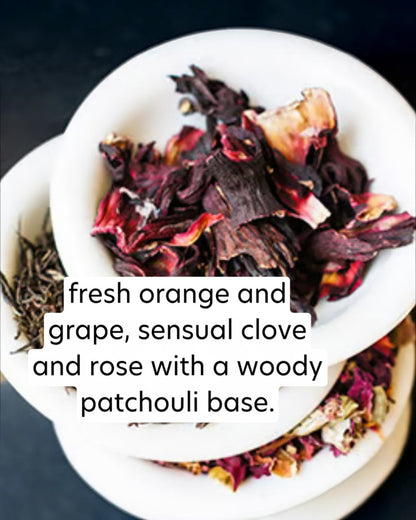 Tea leaves with text describing flavors on a white plate