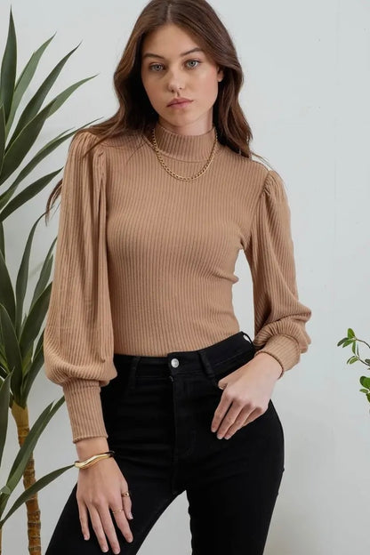 Khaki Mock Neck Ribbed Top