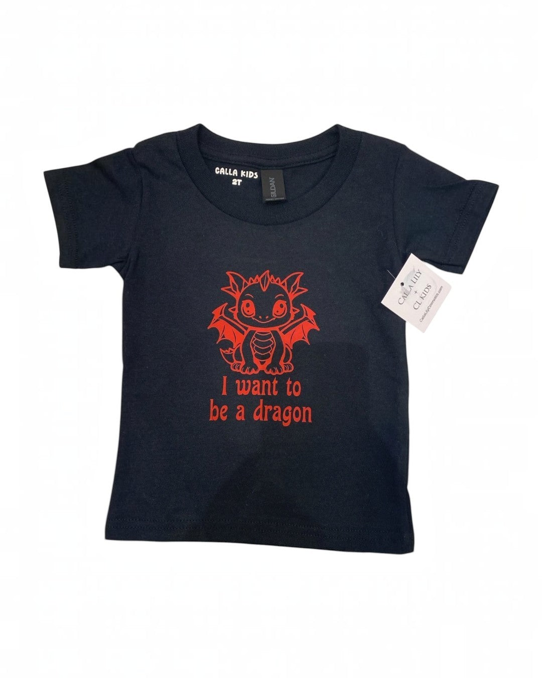 Black t-shirt with red dragon graphic and text on a white background