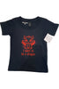 Black t-shirt with red dragon graphic and text on a white background