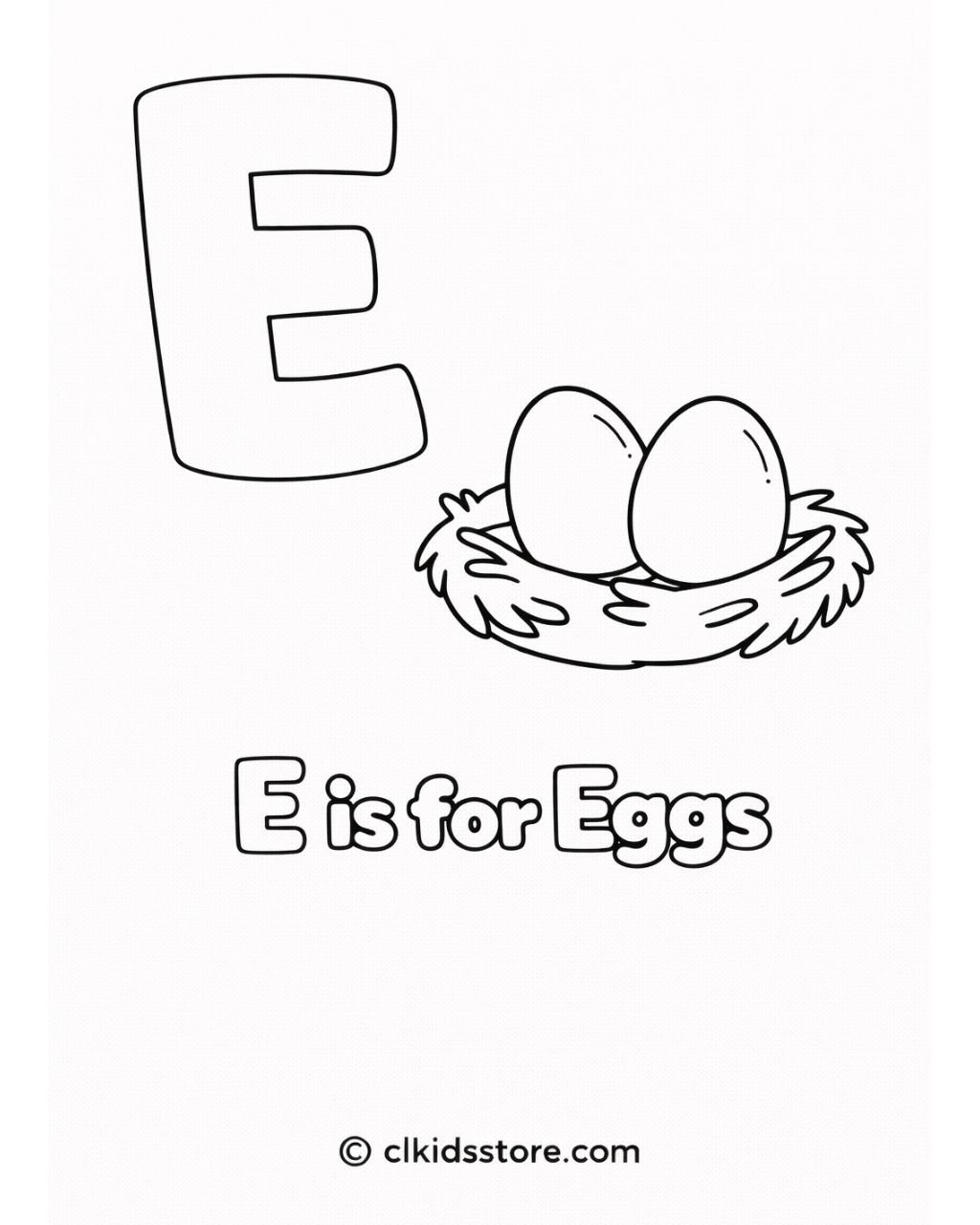 Letter 'E' coloring page with a nest and eggs, and 'clkidsstore.com' branding.