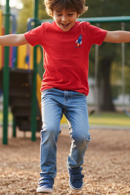 Child in a red shirt and blue jeans jumping on a playground with a slide and swings in the background.
