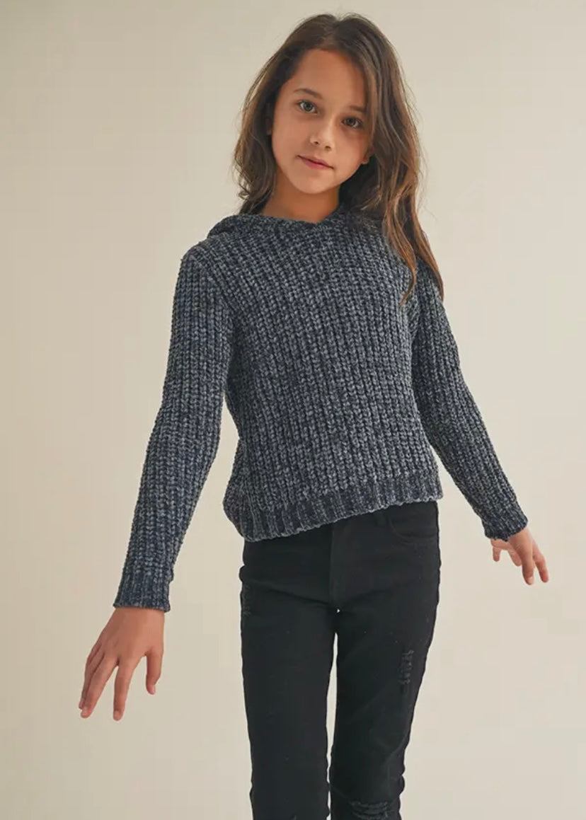 Grey Hooded Pullover Sweater- Tween