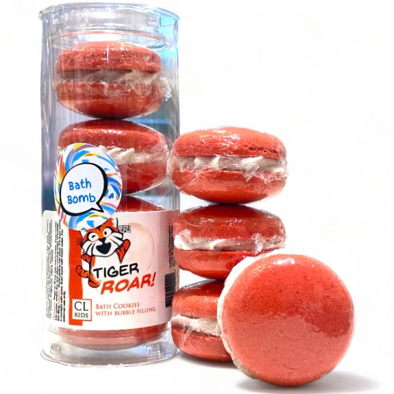 A stack and tube of red orange tigers blood bath cookies against a white background