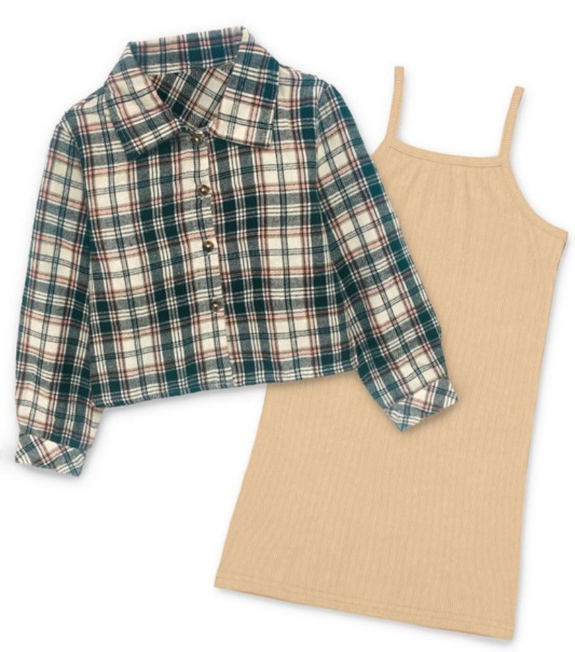 Spaghetti Strap Tan Dress & Black Flannel Shirt - Calla Lily Cosmetics + CL kids