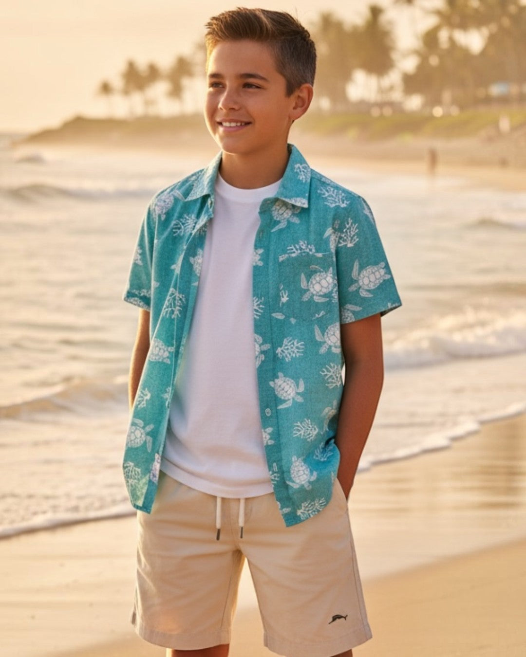 Person wearing a blue floral shirt and beige shorts standing on a beach with palm trees in the background.