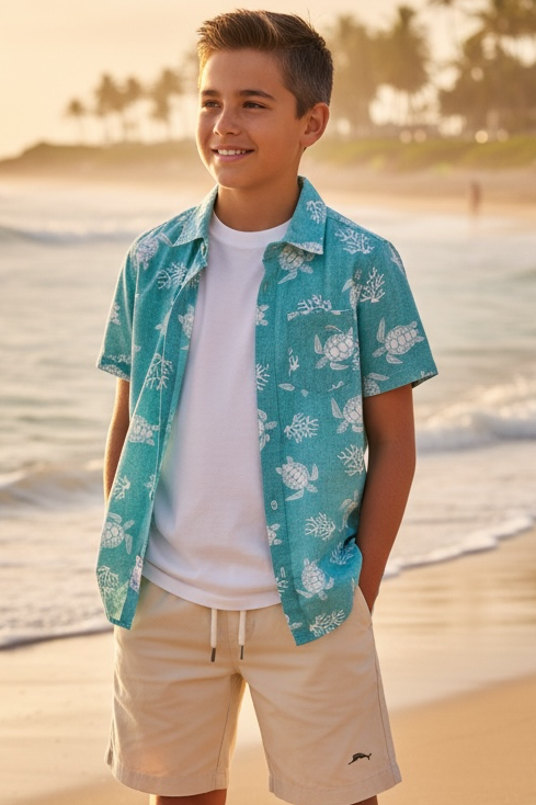 Person wearing a blue floral shirt and beige shorts standing on a beach with palm trees in the background.