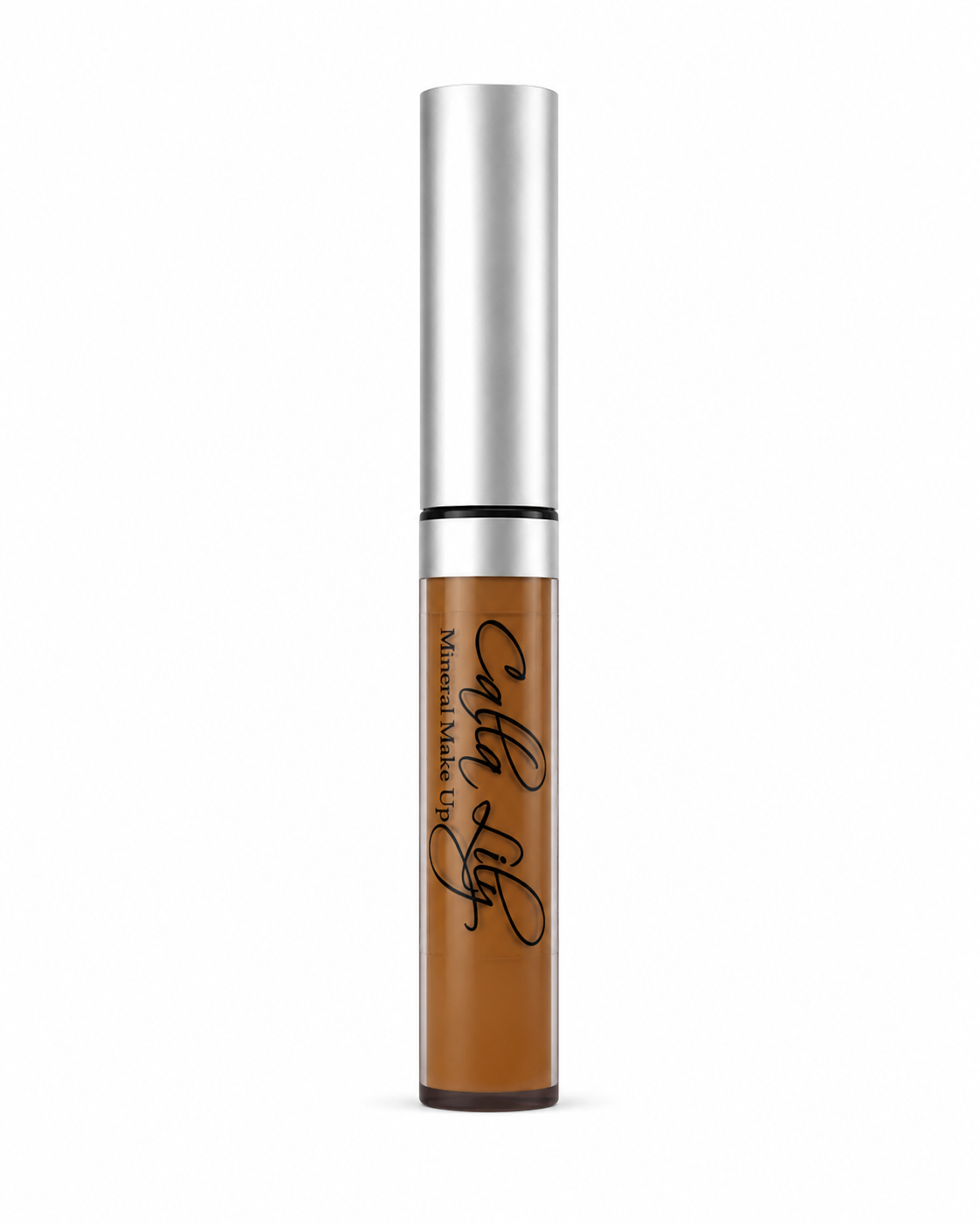 Cosmetic tube with silver cap and brown body on a white background