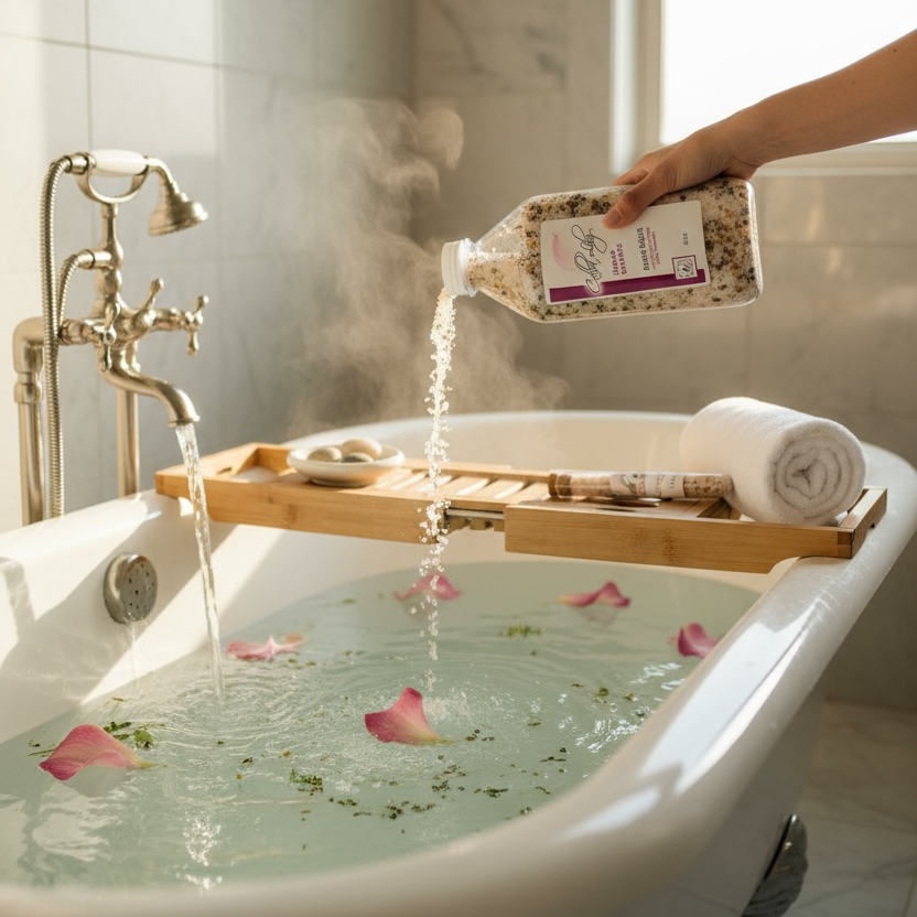 Person pouring a bath bomb into a steaming bathtub filled with water and rose petals.
