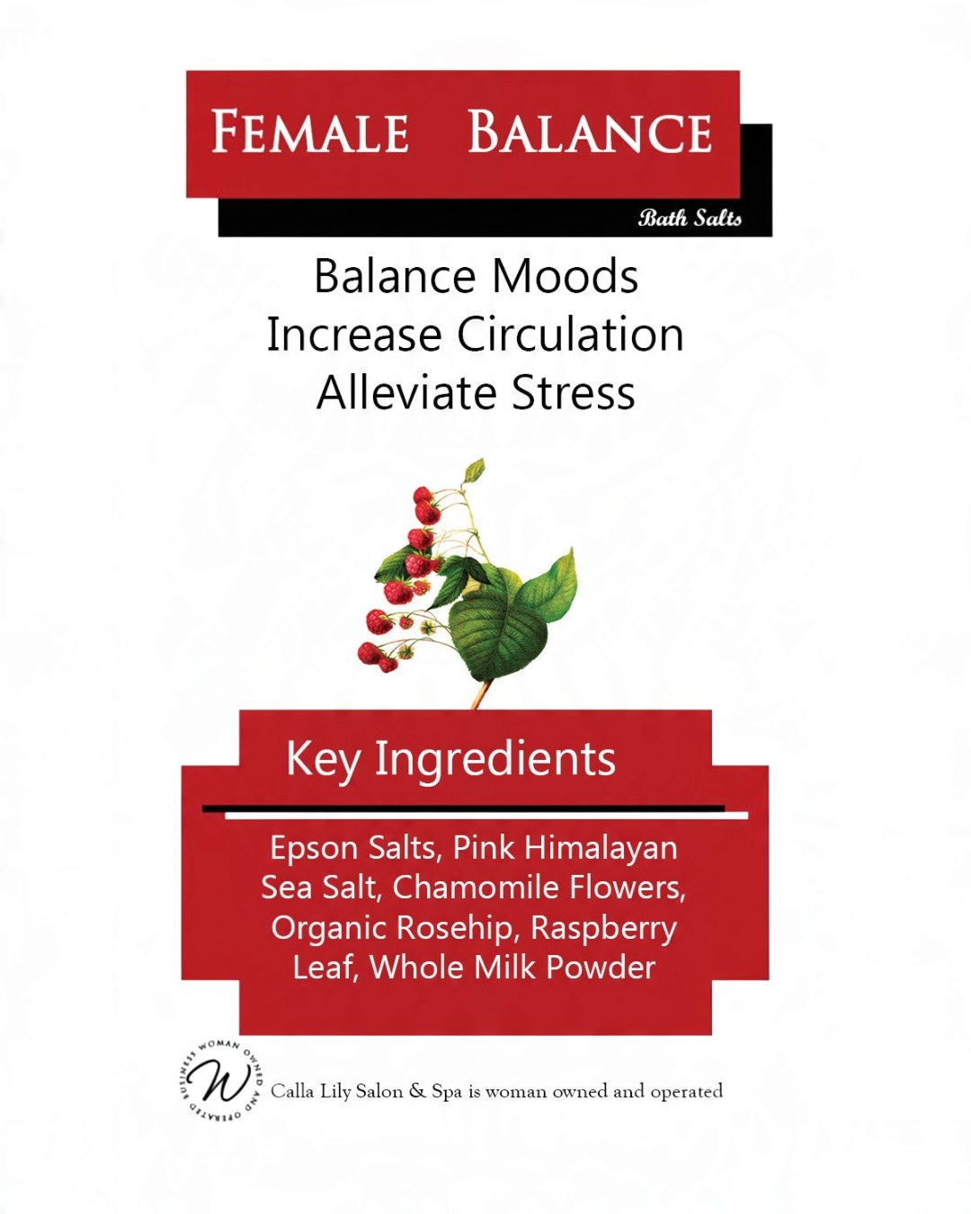 Calla Lily Cosmetics + CL kids Female Balance bath salts label featuring key ingredients like Himalayan sea salt