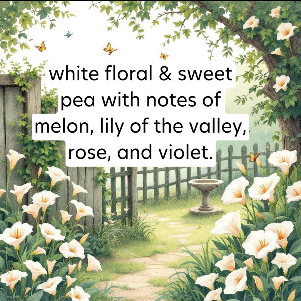 Garden scene with white flowers, butterflies, and a path leading to a fountain.