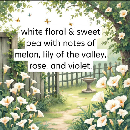 Garden scene with white flowers, butterflies, and a path leading to a fountain.