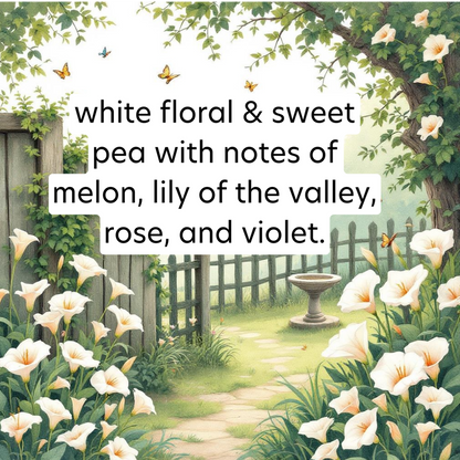 Garden scene with white flowers, butterflies, and a path leading to a fountain.