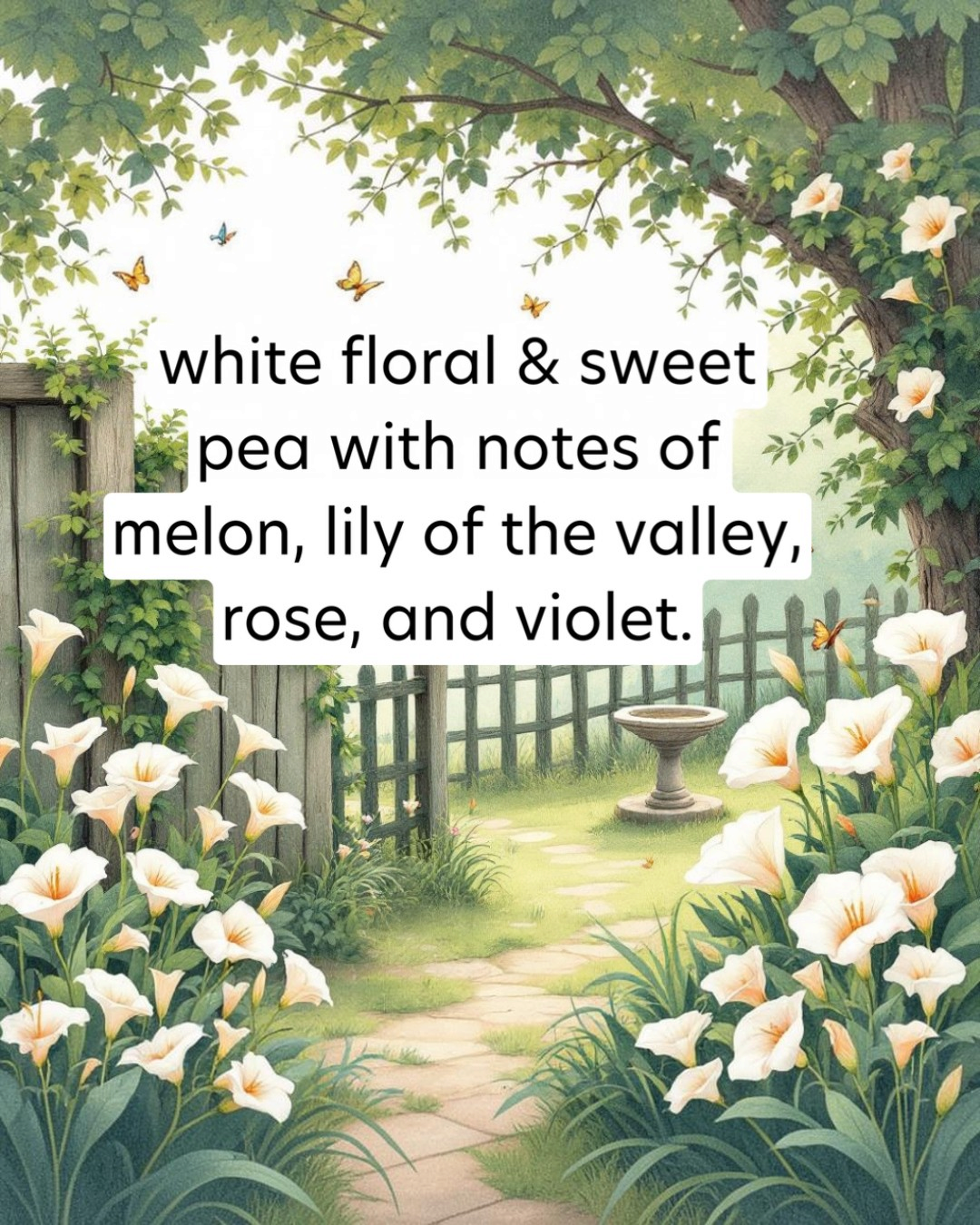 Garden scene with white flowers, butterflies, and a path leading to a fountain.