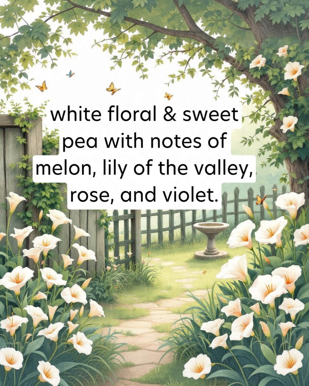 Garden scene with white flowers, butterflies, and a path leading to a fountain.