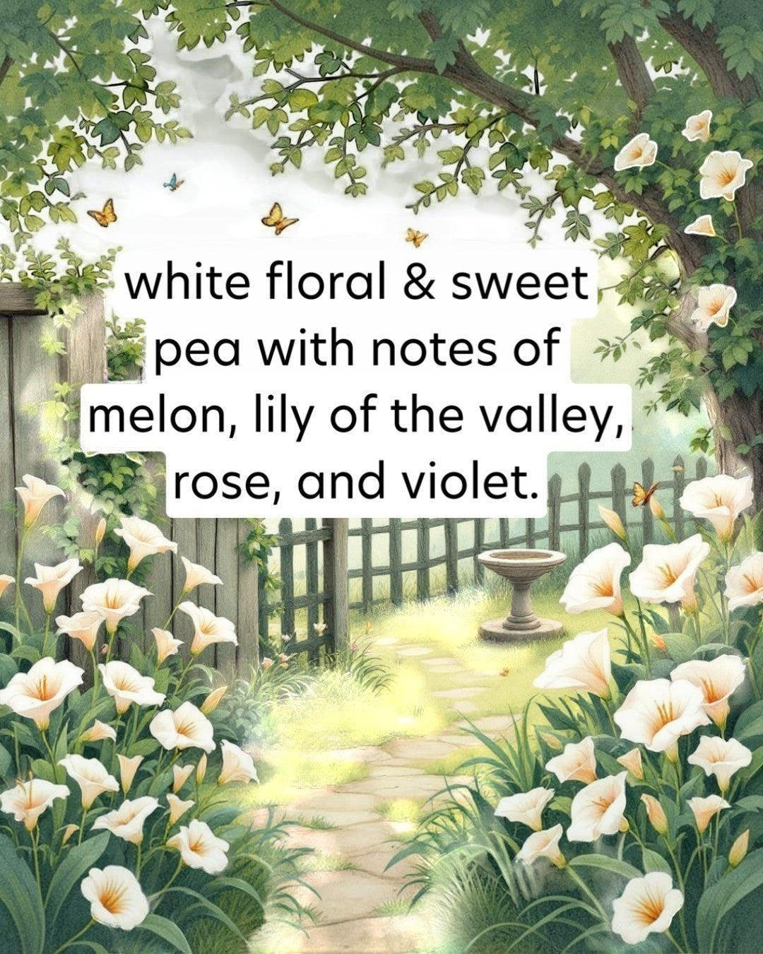 Garden scene with white flowers, butterflies, and a path leading to a fountain.