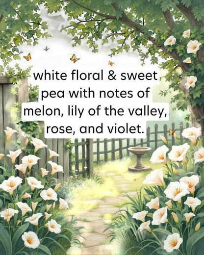 Garden scene with white flowers, butterflies, and a path leading to a fountain.
