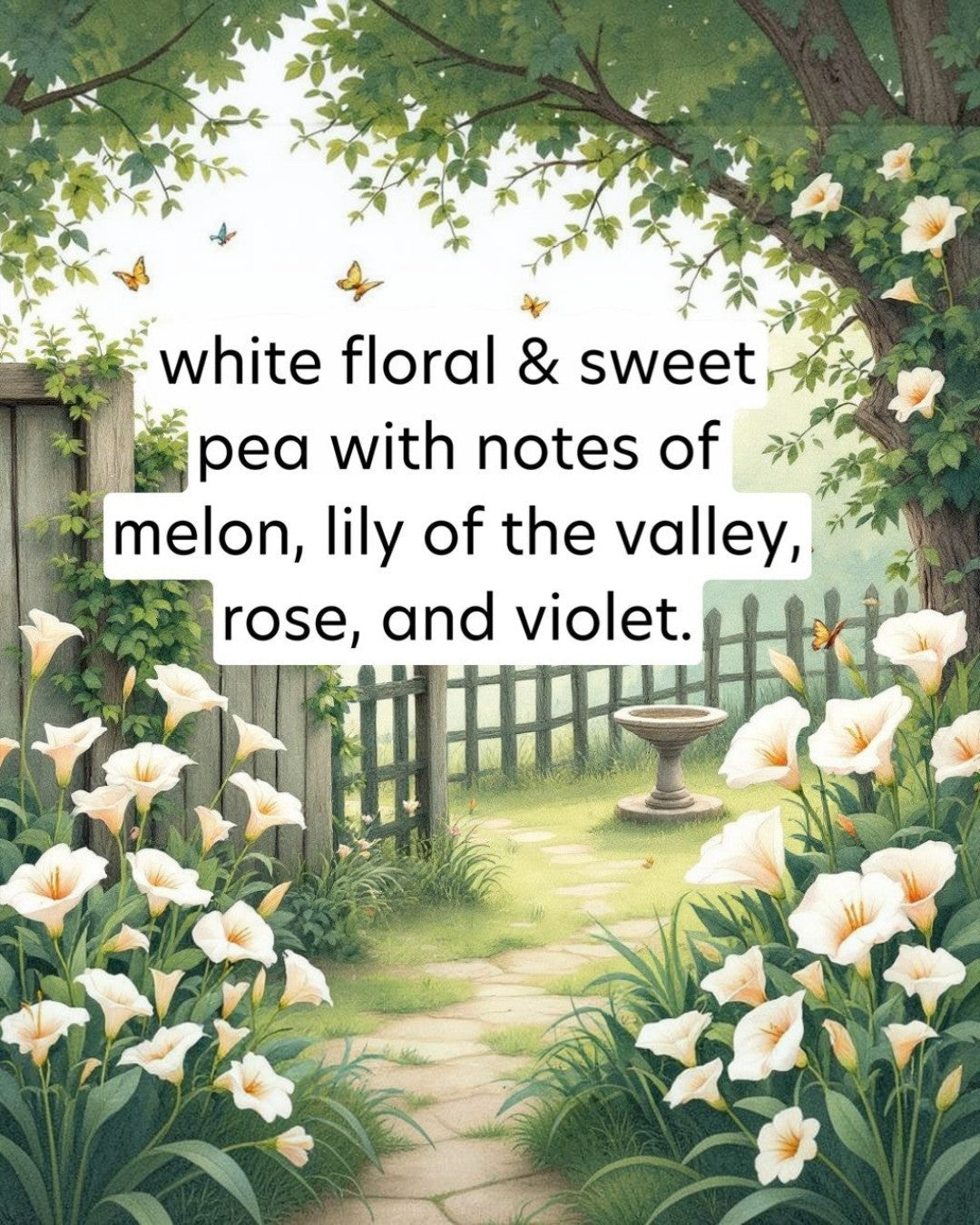 Garden scene with white flowers, butterflies, and a path leading to a fountain.