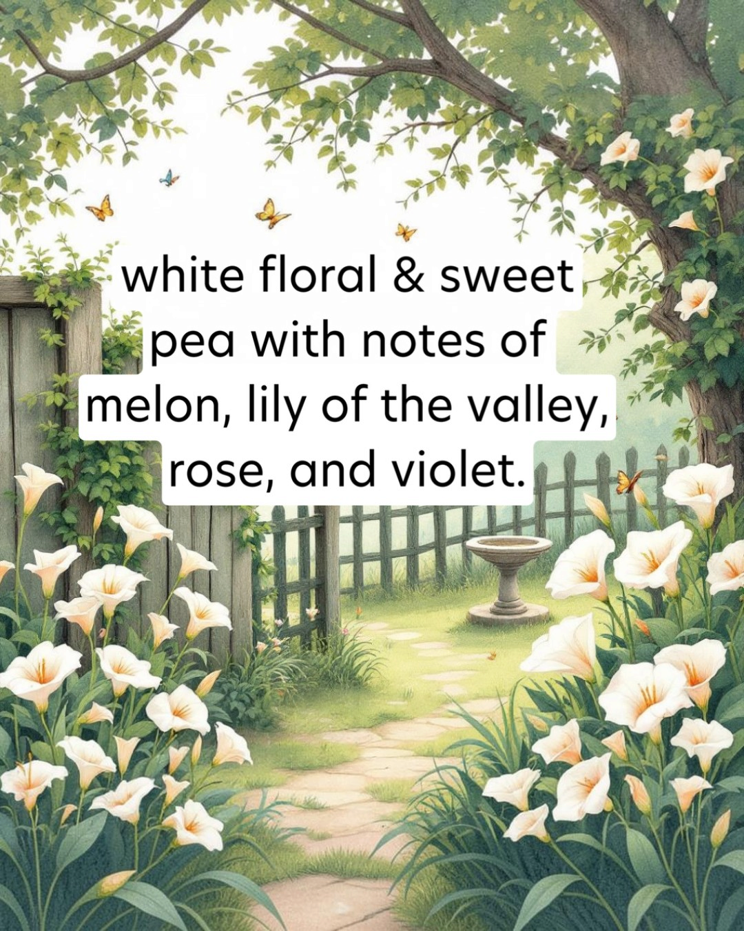 Garden scene with white flowers, butterflies, and a path leading to a fountain.