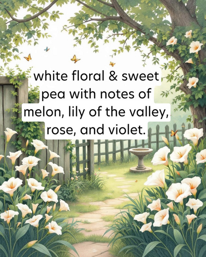 Garden scene with white flowers, butterflies, and a path leading to a fountain.