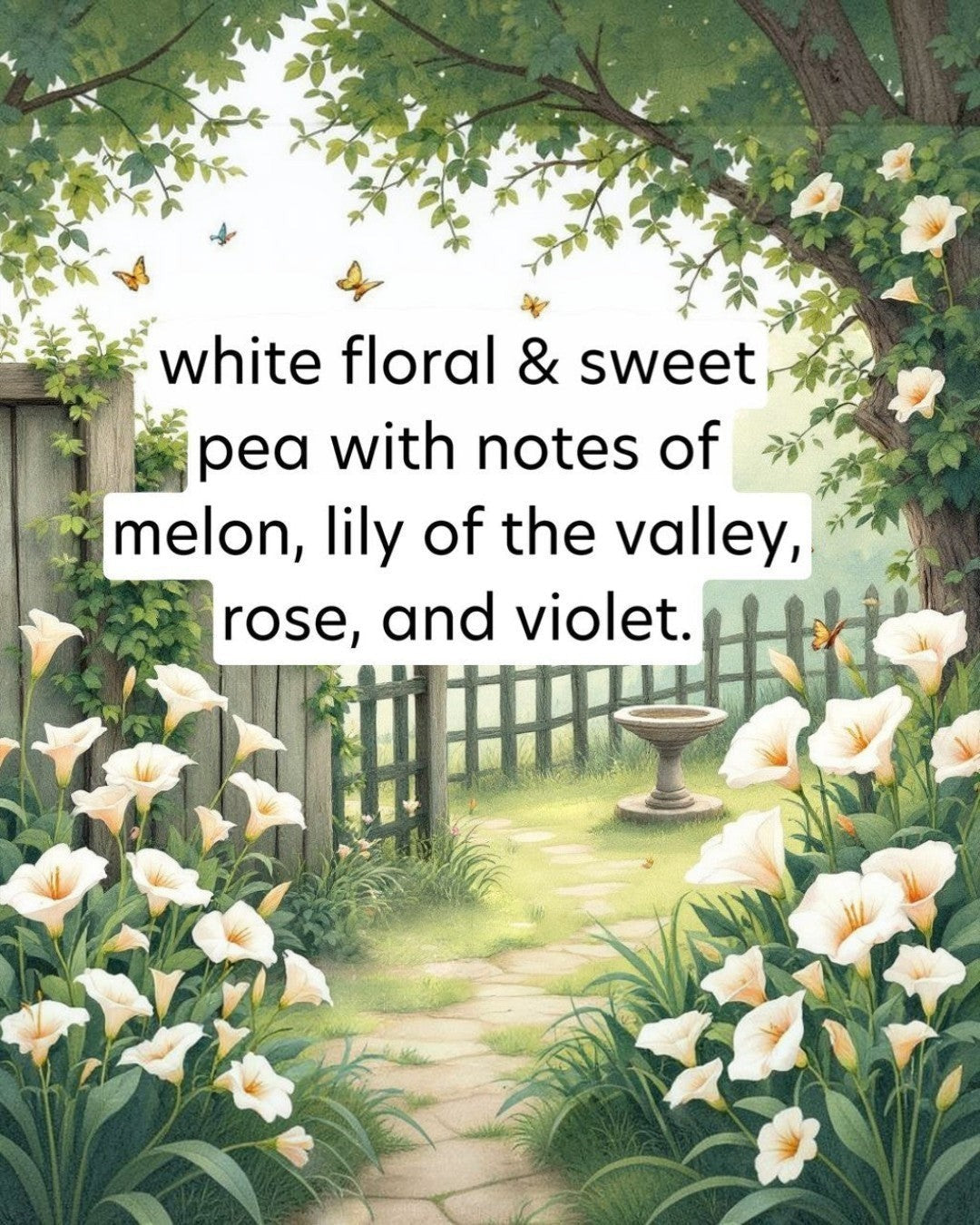 Garden scene with white flowers, butterflies, and a path leading to a fountain.