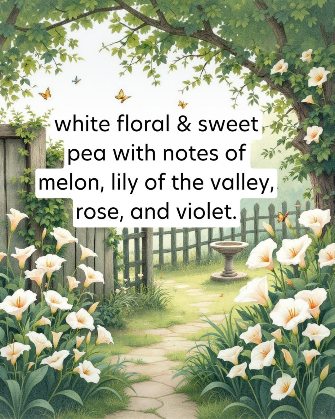 Garden scene with white flowers, butterflies, and a path leading to a fountain.