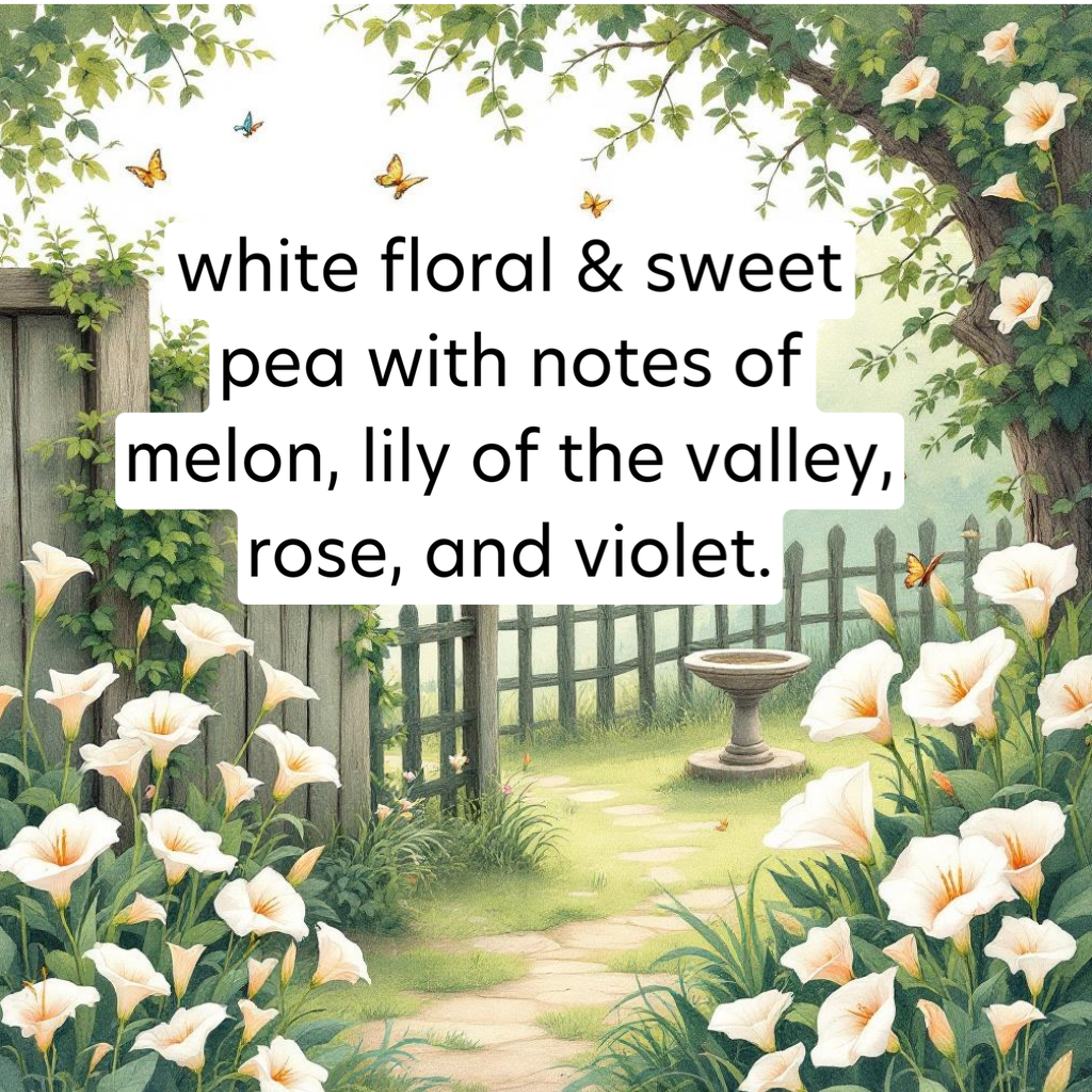 Garden scene with white flowers, butterflies, and a path leading to a fountain.