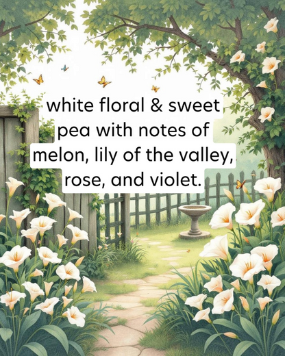 Garden scene with white flowers, butterflies, and a path leading to a fountain.