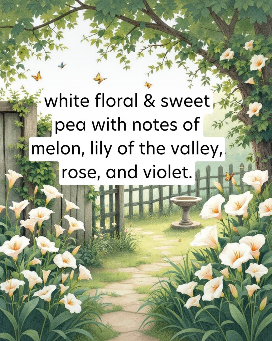 Garden scene with white flowers, butterflies, and a path leading to a fountain.