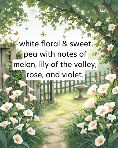 Garden scene with white flowers, butterflies, and a path leading to a fountain.