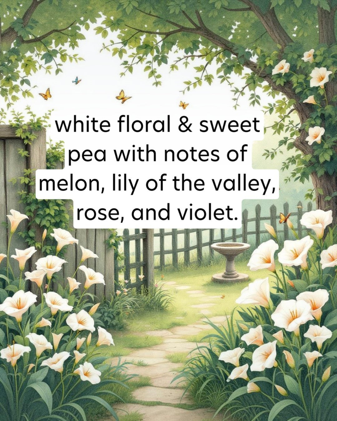 Garden scene with white flowers, butterflies, and a path leading to a fountain.
