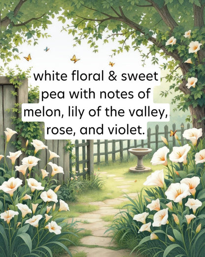 Garden scene with white flowers, butterflies, and a path leading to a fountain.