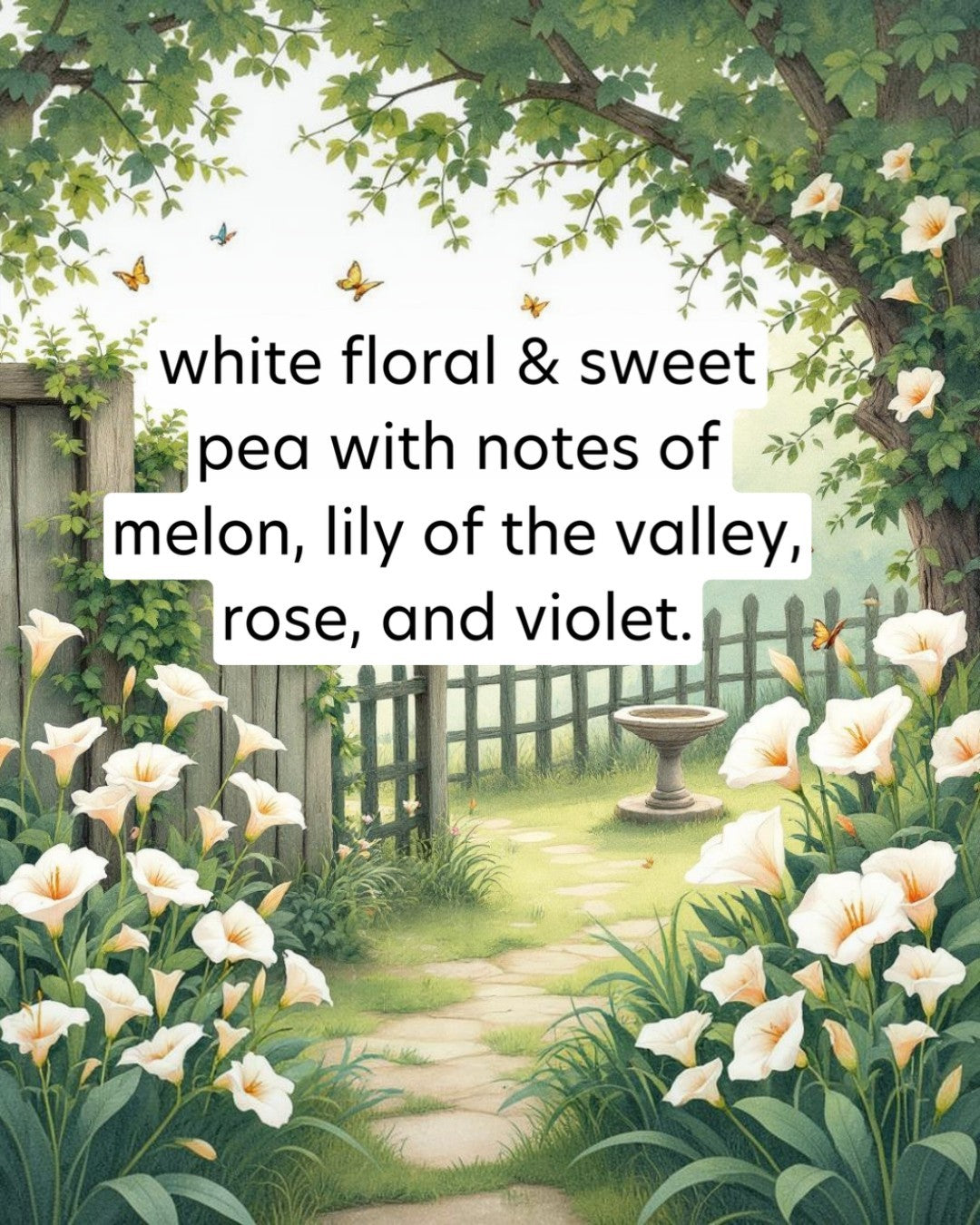 Garden scene with white flowers, butterflies, and a path leading to a fountain.