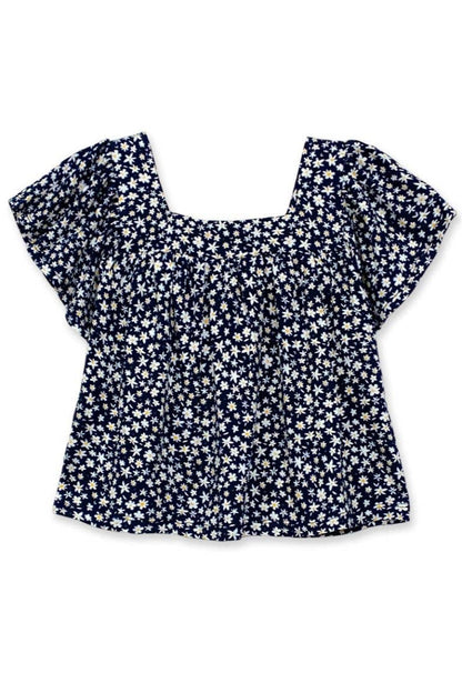 Navy blue floral blouse on a white background