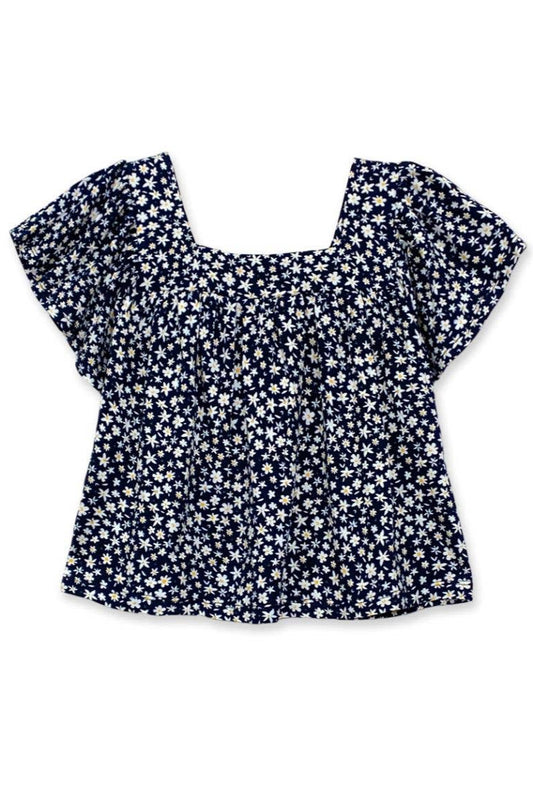 Navy blue floral blouse on a white background