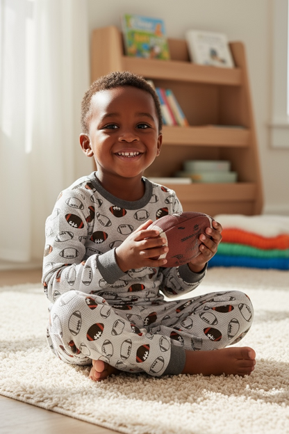 Child in pajamas holding a football in a room with a bookshelf and toys.