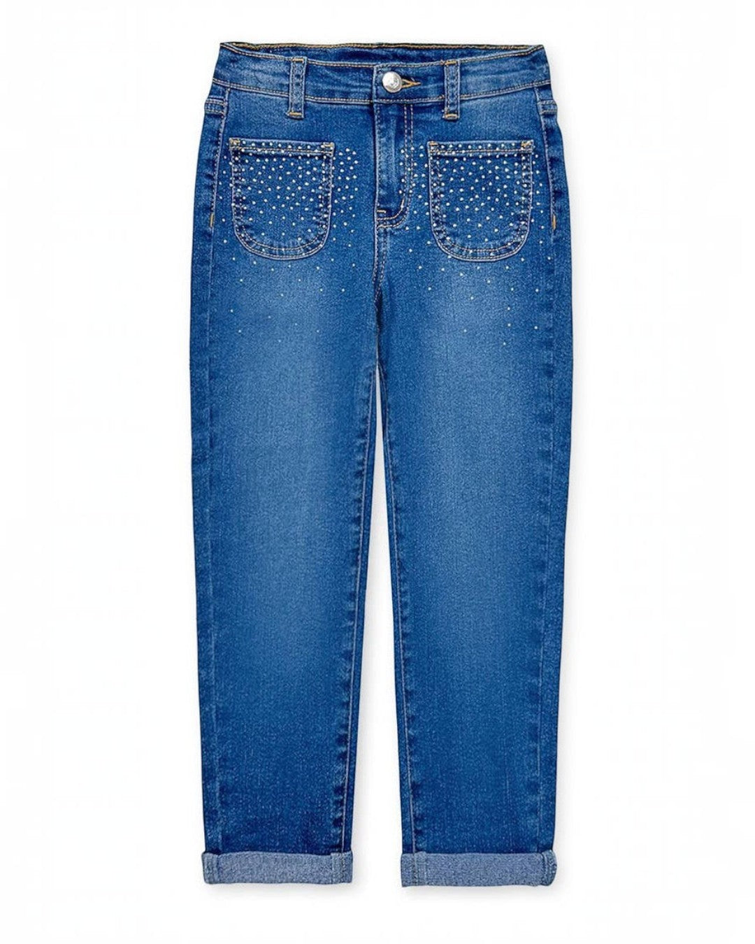 Blue jeans with studded details on a white background