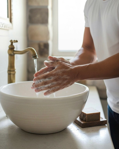Calla Lily Cosmetics + CL kids coffee scrub bar soap lathered in hands over a white ceramic bathroom sink