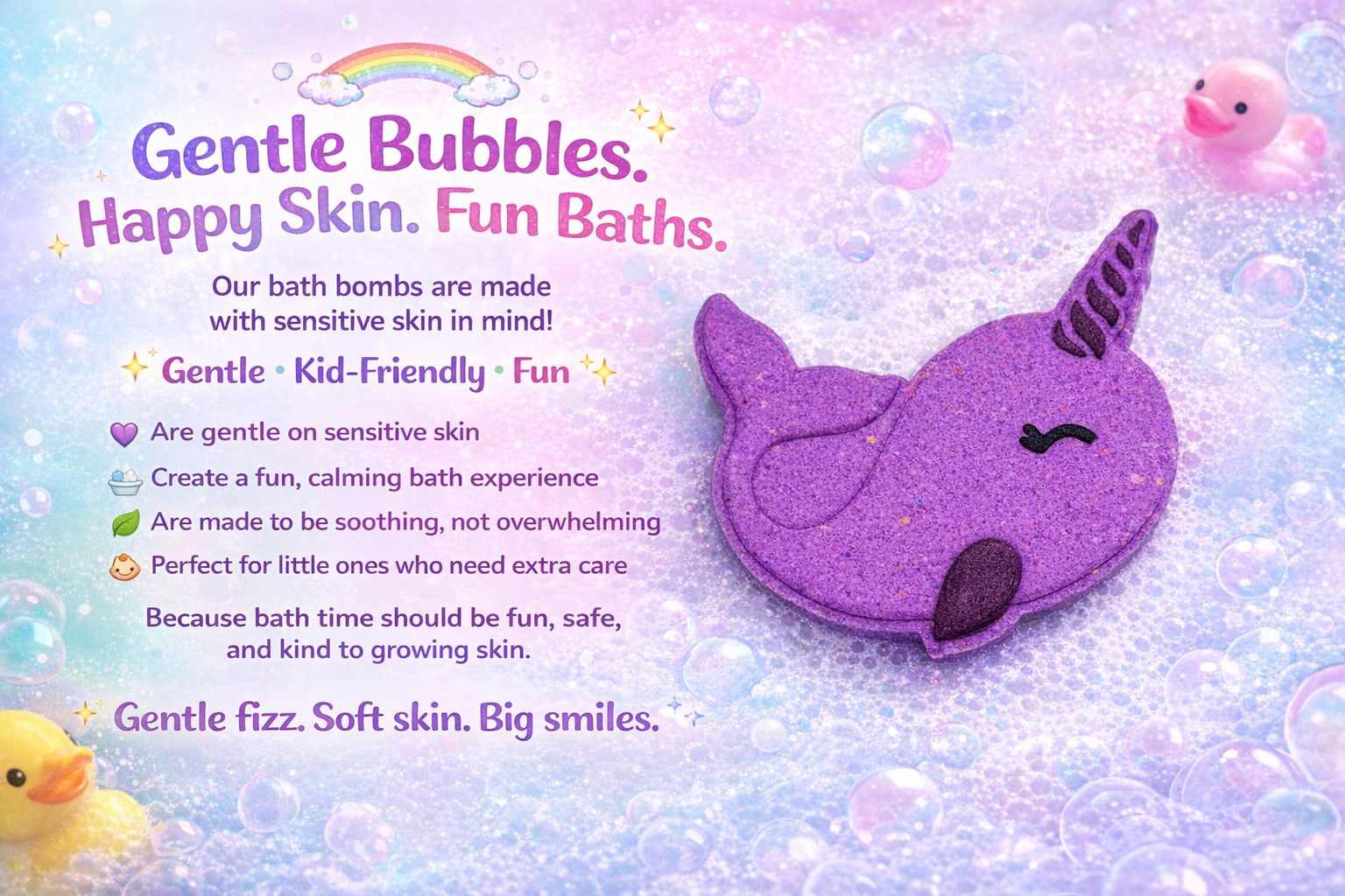 Purple narwhal-shaped bath bomb with text about gentle bubbles and happy skin on a colorful background.