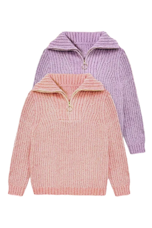 Two ribbed knit sweaters, one pink and one purple, on a white background.