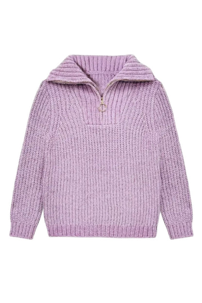 Purple knitted sweater with a hood on a white background