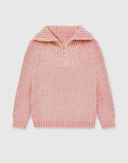 Pink knitted pullover with a zipper on a light gray background